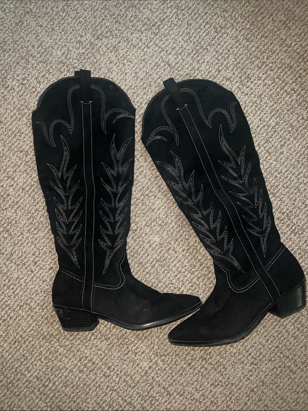 Women's Black Suede Western Knee-High Heeled Boots
